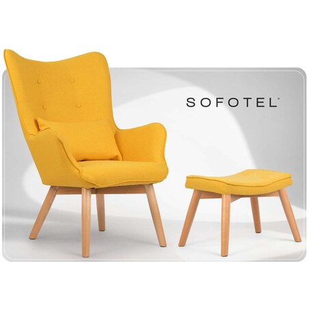 Fotel uszak Sofotel Norse skandynawski do salonu z podnóżkiem wygodny żółty