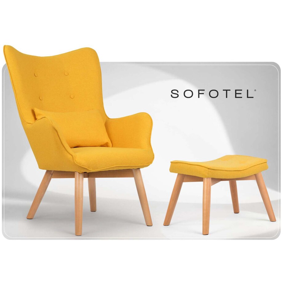 Fotel uszak Sofotel Norse skandynawski do salonu z podnóżkiem wygodny żółty