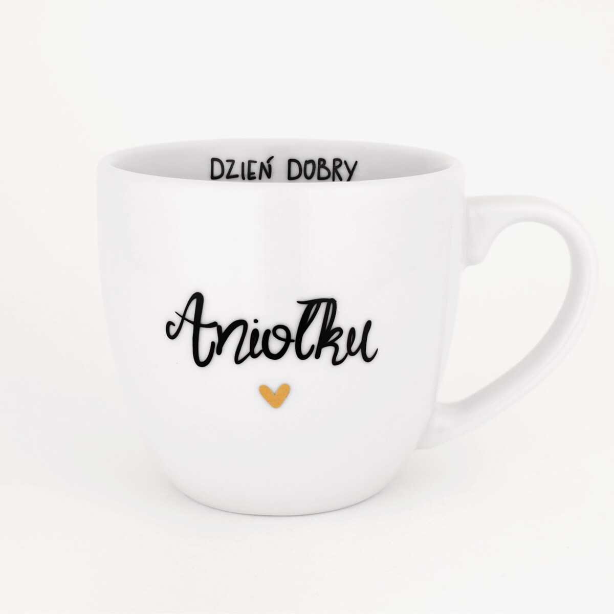 Biały Kubek Porcelanowy 300 ml - Napis Dzień Dobry Aniołku ze Złotym Sercem dla Ukochanej Osoby na Rocznicę