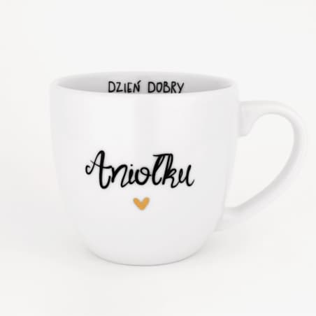 Biały Kubek Porcelanowy 300 ml - Napis Dzień Dobry Aniołku ze Złotym Sercem dla Ukochanej Osoby na Rocznicę