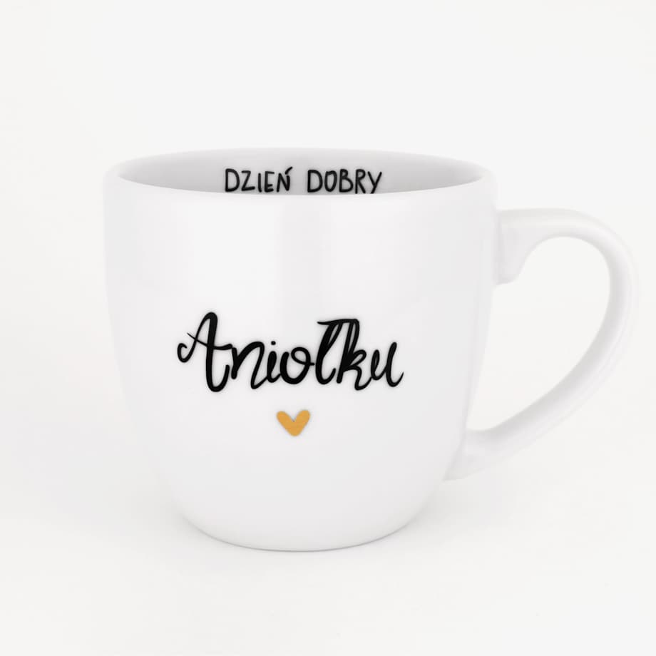 Biały Kubek Porcelanowy 300 ml - Napis Dzień Dobry Aniołku ze Złotym Sercem dla Ukochanej Osoby na Rocznicę