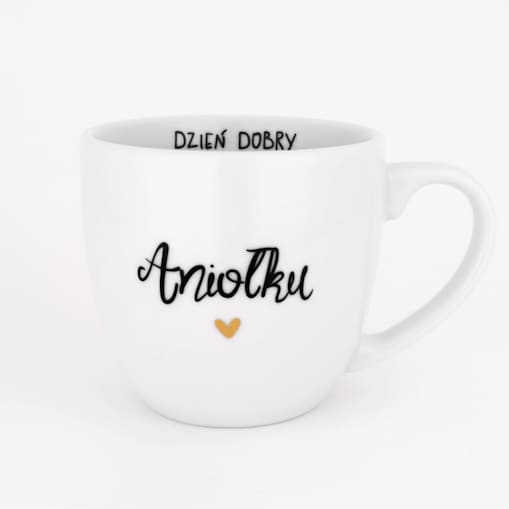 Biały Kubek Porcelanowy 300 ml - Napis Dzień Dobry Aniołku ze Złotym Sercem dla Ukochanej Osoby na Rocznicę
