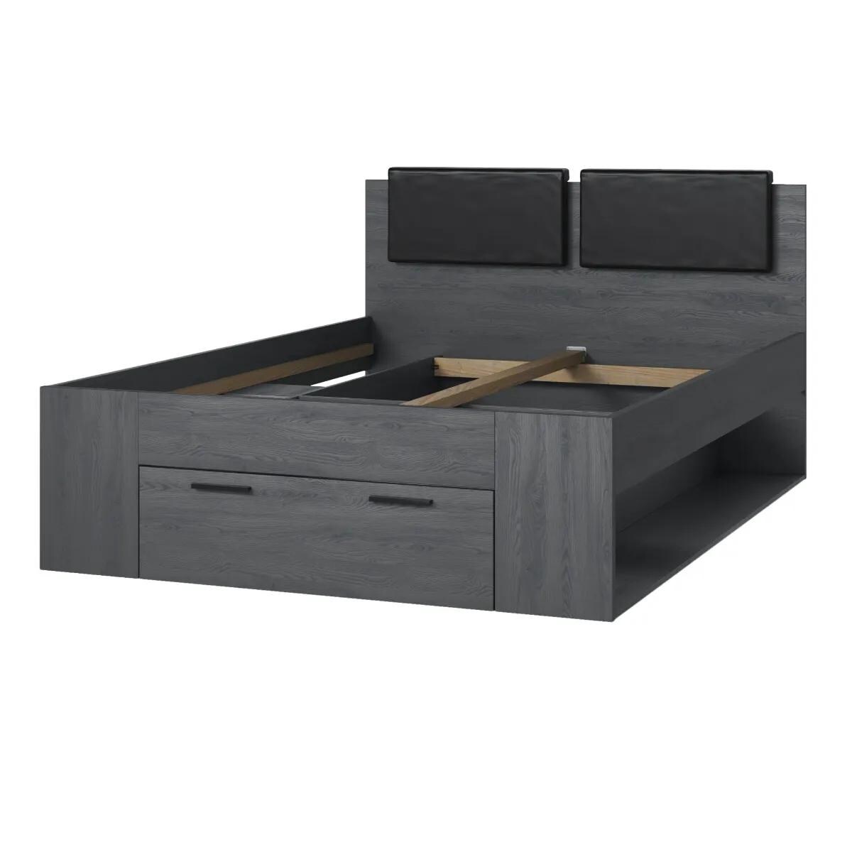 Łóżko GALAXY 140x200 dąb carbon z szufladą i tapicerowanym zagłowiem