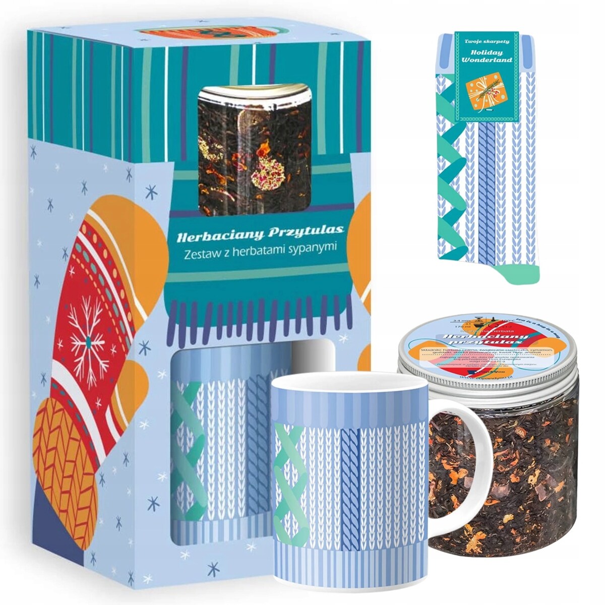 ŚWIĄTECZNY ZESTAW PREZENTOWY "HERBACIANY PRZYTULAS" HERBATA SYPANA KUBEK SKARPETKI - PREZENT UPOMINEK NA MIKOŁAJA ŚWIĘTA GWIAZDKĘ BOŻE NARODZENIE POD CHOINKĘ DLA KOBIETY FACETA