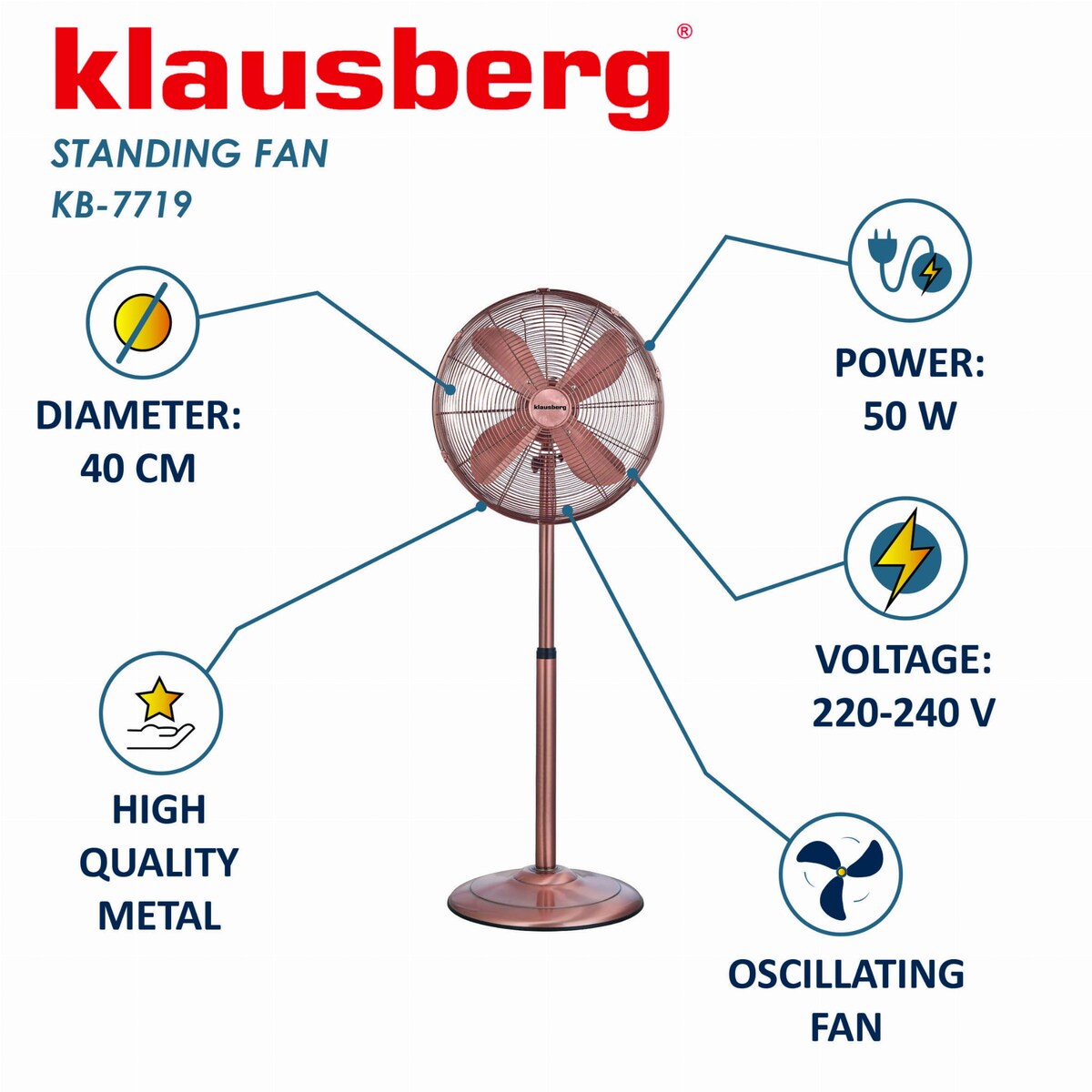 Wentylator stojący podłogowy 40cm 50W metalowy Rose Gold KLAUSBERG