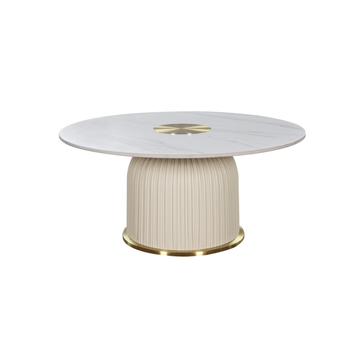 Nowoczesny złoty stolik kawowy okrągły plisowany Premium Blanka z kamiennym blatem o wzorze marmuru 80x80x37