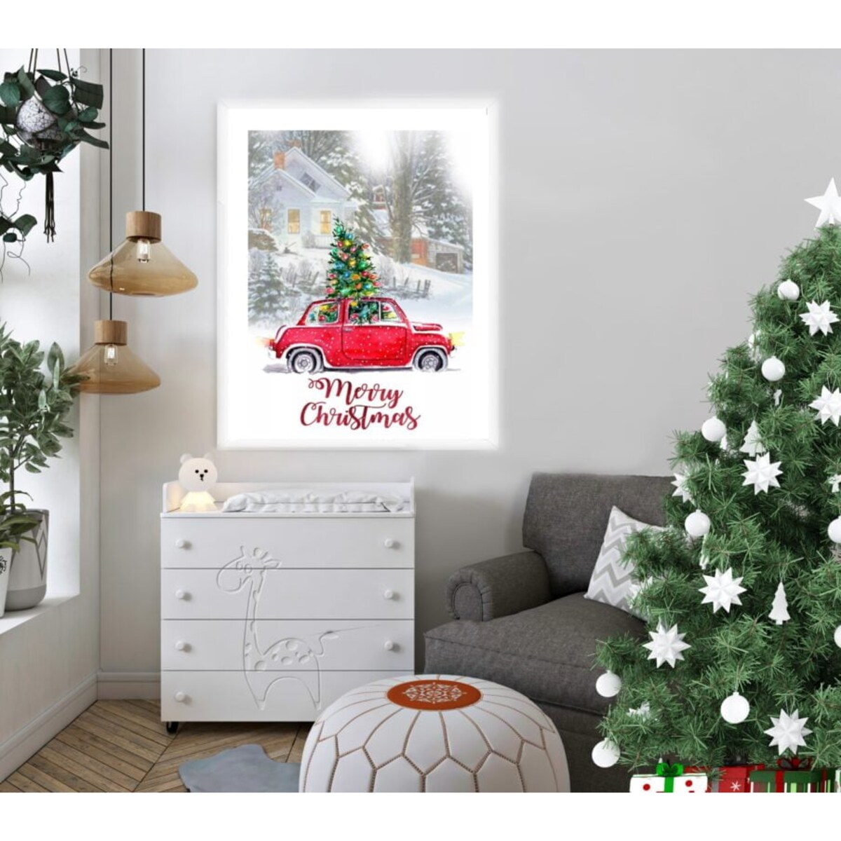 Poster Story, Plakat, Obraz - Czerwony Świąteczny Samochód, wymiary 70 x 100 cm