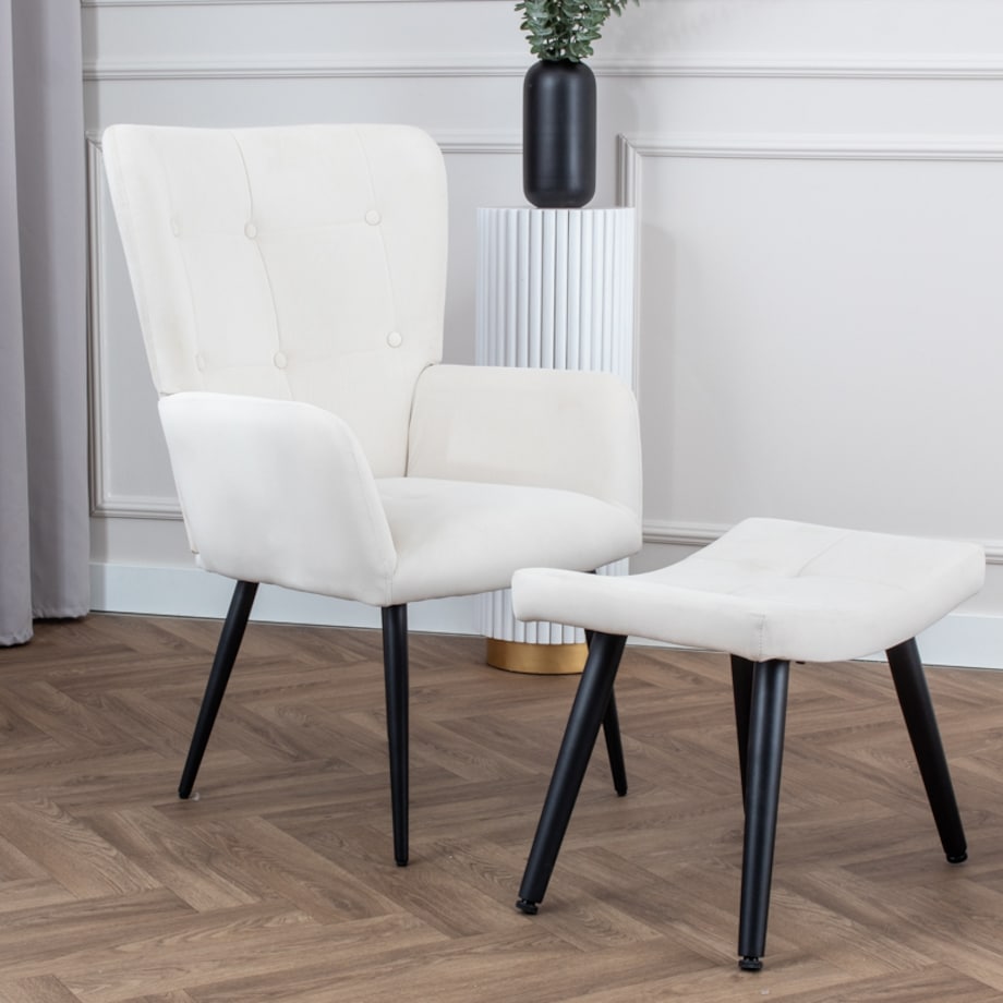 Fotel uszak z podnóżkiem do salonu wypoczynkowy welurowy tapicerowany beżowy