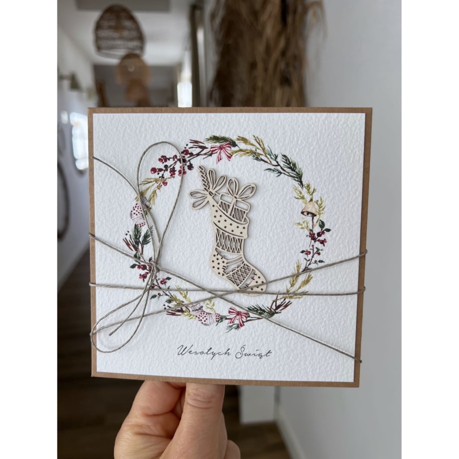 Wyjątkowa stylowa kartka ekologiczna świąteczna + najpiękniejsze życzenia na Boże Narodzenie świąteczny wianek + świąteczna skarpeta