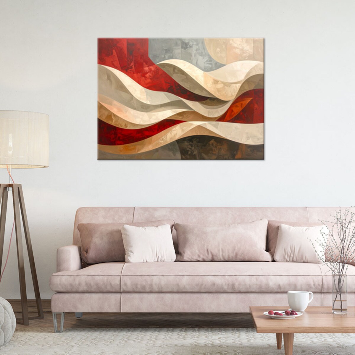Obraz do salonu sypialni biura, Abstrakcyjne fale w ocieniach czerwieni i beżu