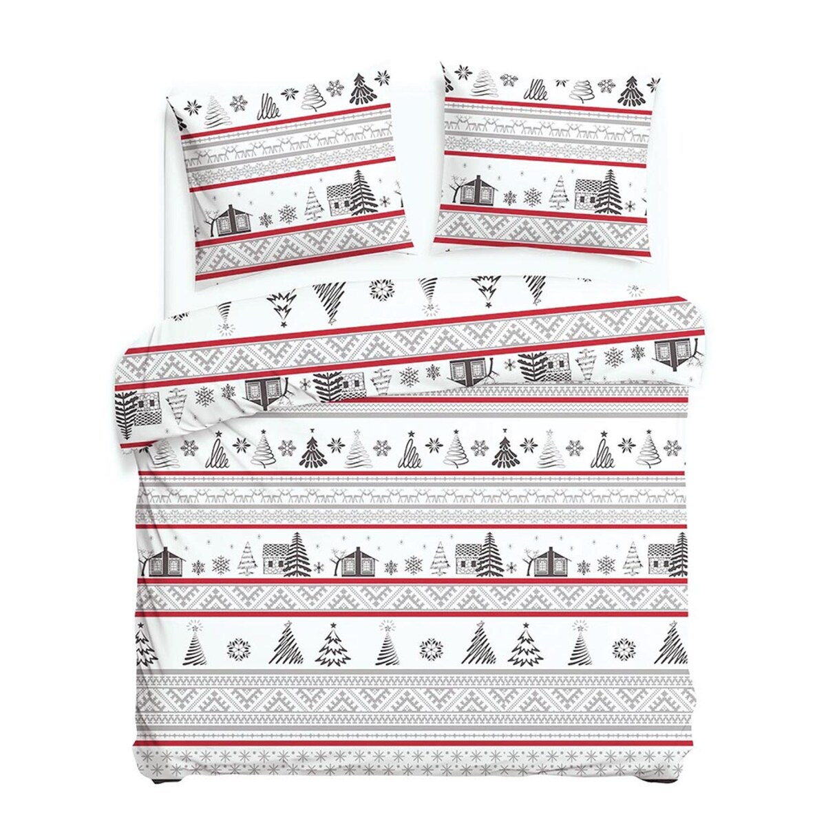 Pościel flanelowa 180x200 Selvia biała w choinki i chatki, Flanelove