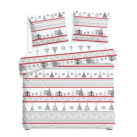 Pościel flanelowa 180x200 Selvia biała w choinki i chatki, Flanelove