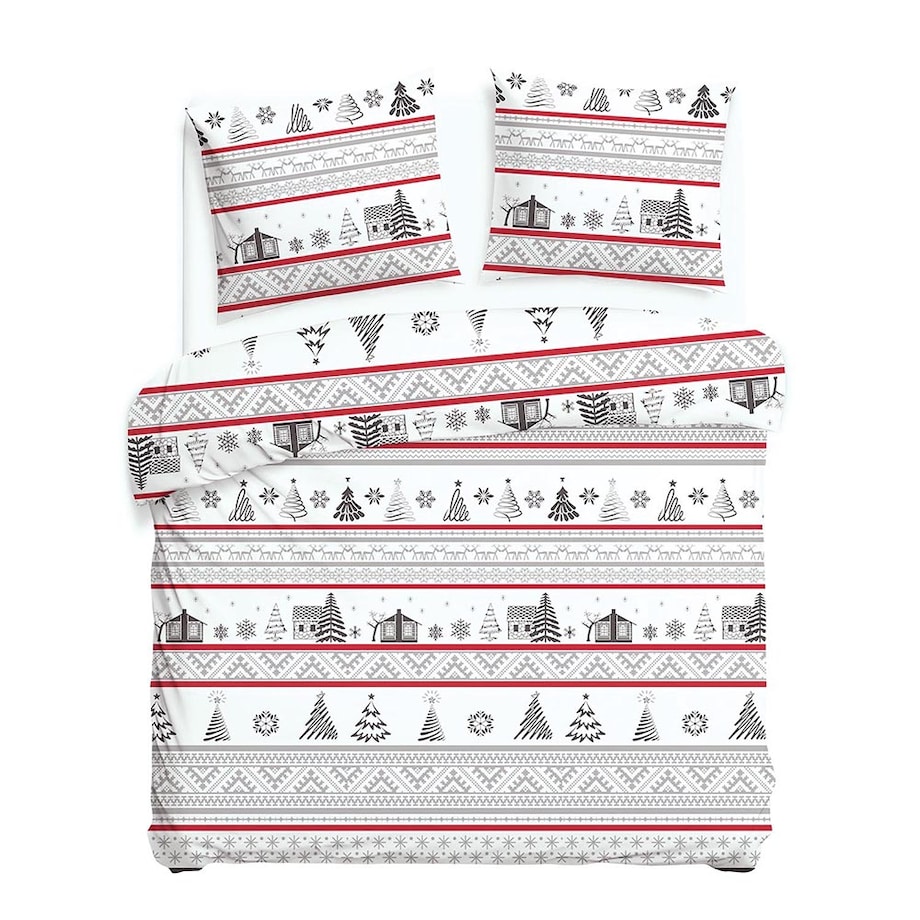 Pościel flanelowa 180x200 Selvia biała w choinki i chatki, Flanelove