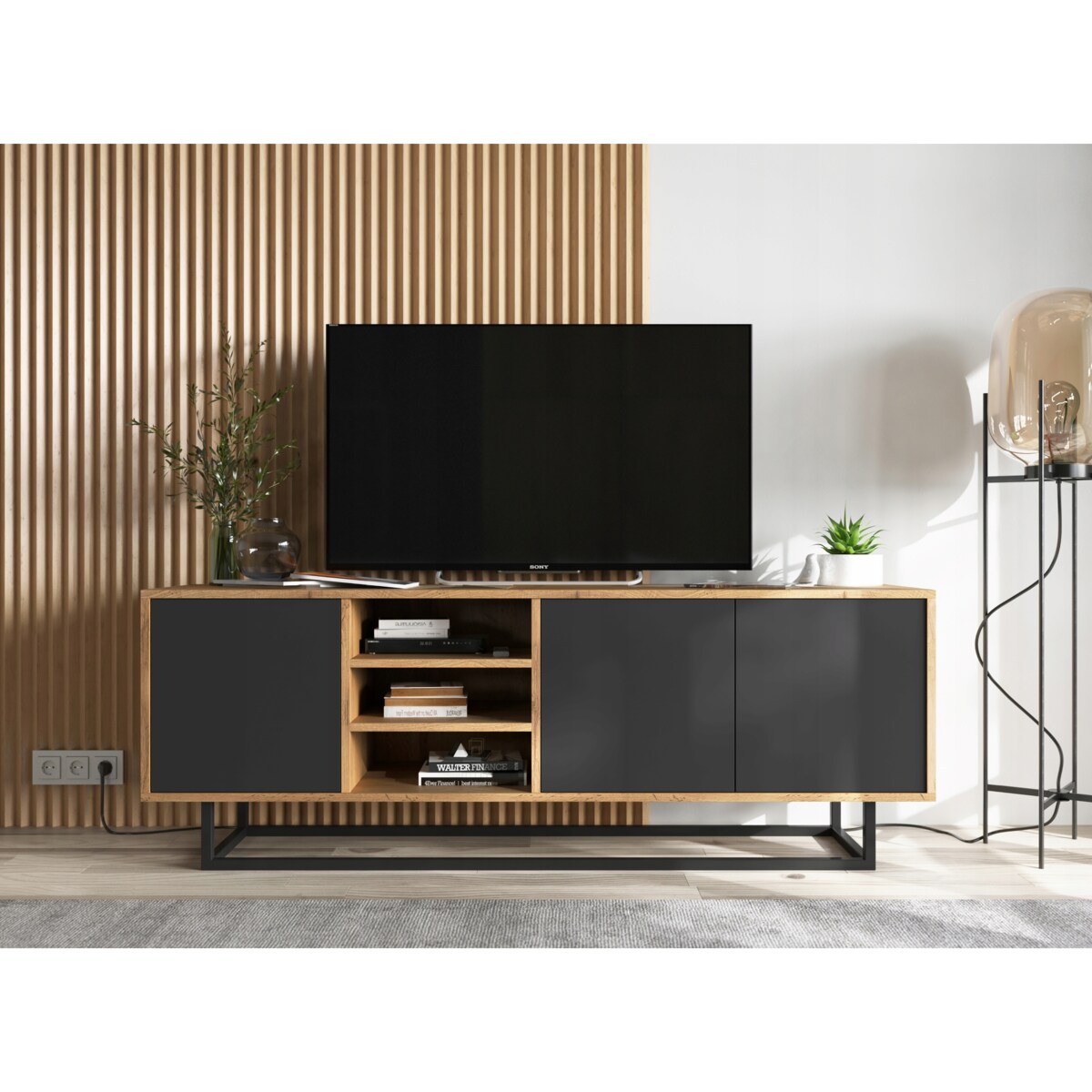 Industrialna Szafka RTV Loft Komoda RTV Dąb Wotan Czarny MAT 150 cm