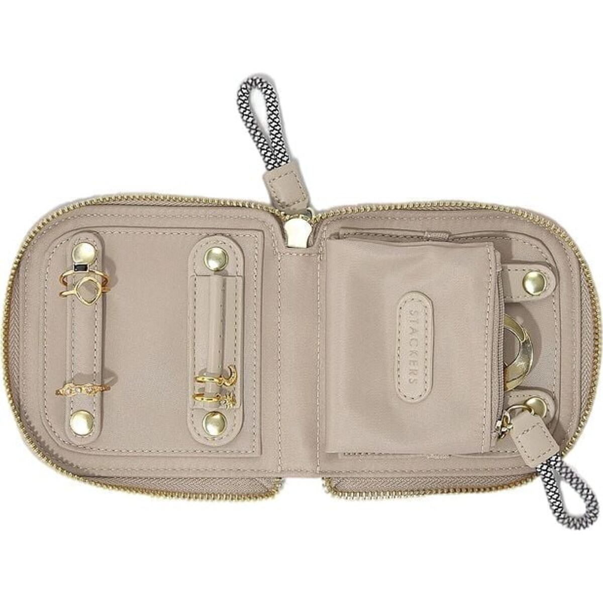 Pudełko podróżne na biżuterię z miejscem na pierścionki Stackers małe beżowoszare nylonowe