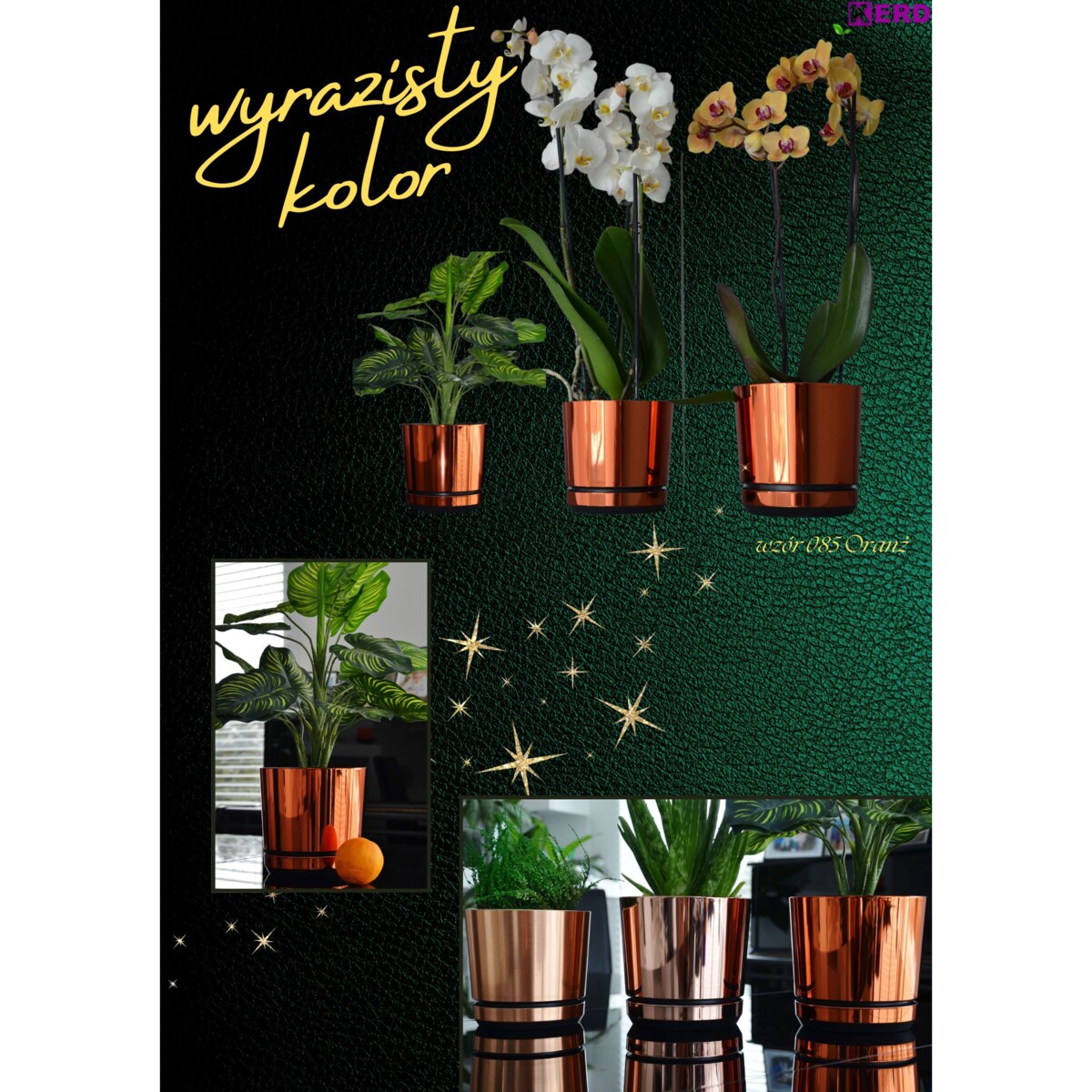 21 cm wzór ORANŻ Doniczka z podstawką nowoczesna glamour wysoki połysk metaliczny industrialny loft pomarańczowa