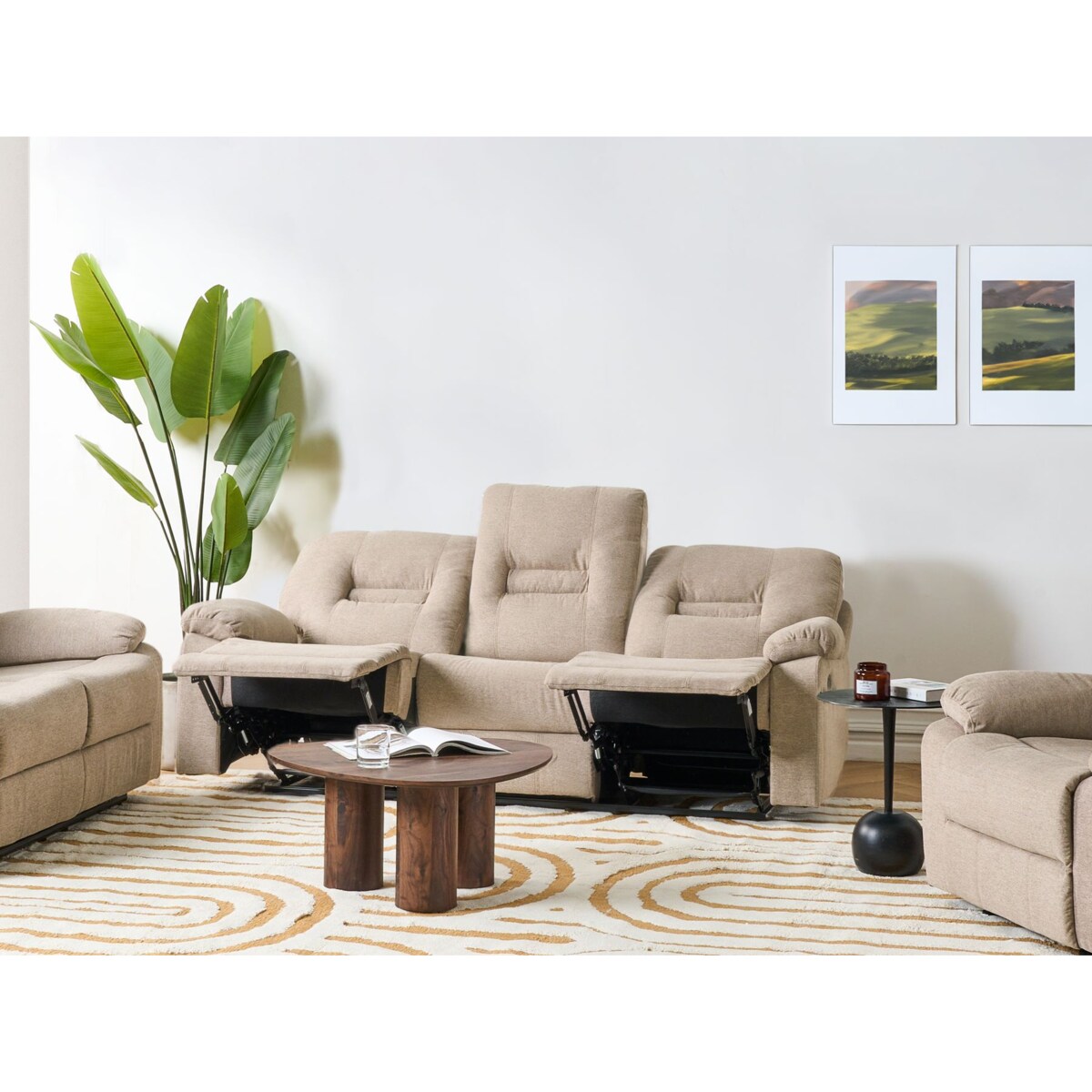 Sofa z manualną funkcją relaksu 3-osobowa beżowa BERGEN