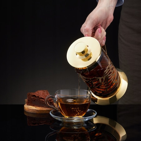 DZBANEK SZKLANY ZŁOTY Z ZAPARZACZEM na zioła herbatę TŁOK ręczny 600 ml