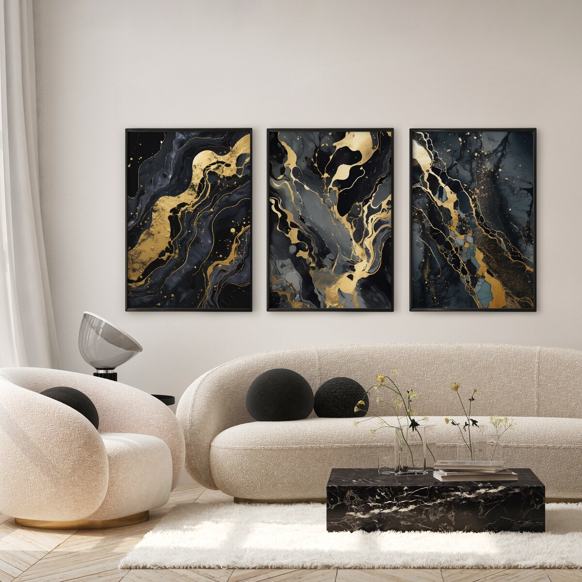 ZESTAW 3X PLAKAT W RAMIE ABSTRAKCJA CZARNY MARMUR GLAMOUR DO SYPIALNI 30x40cm