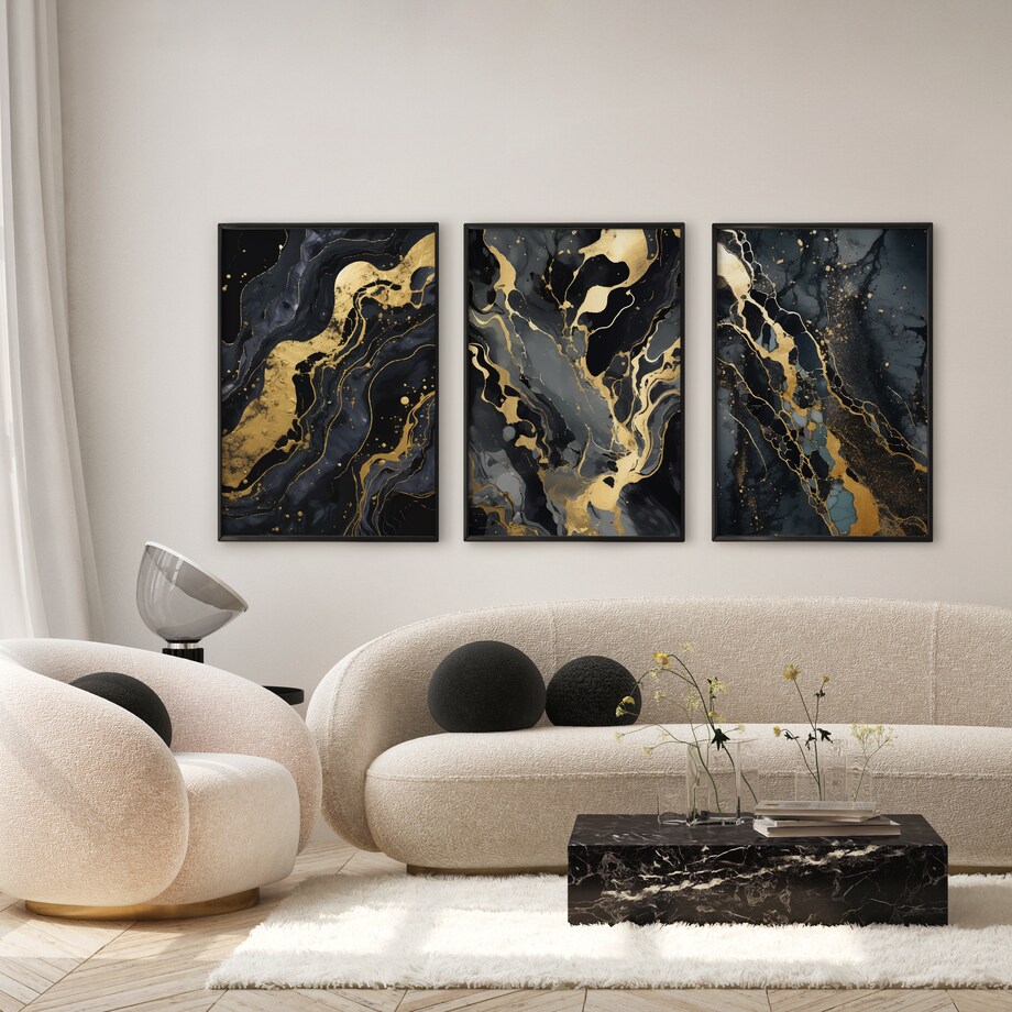 ZESTAW 3X PLAKAT W RAMIE ABSTRAKCJA CZARNY MARMUR GLAMOUR DO SYPIALNI 30x40cm