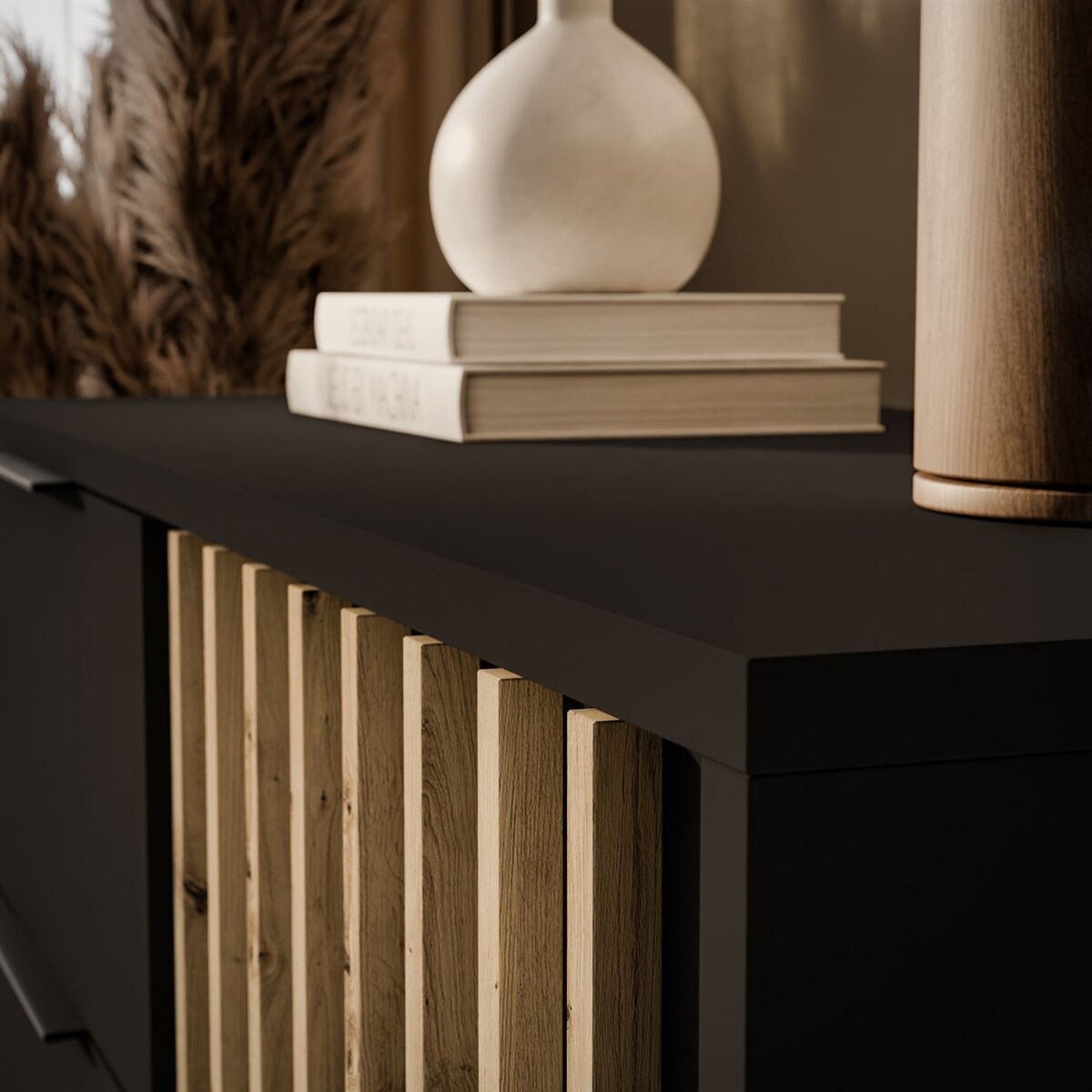 Komoda NELA 1D3S z lamelami, grafit + dąb artisan