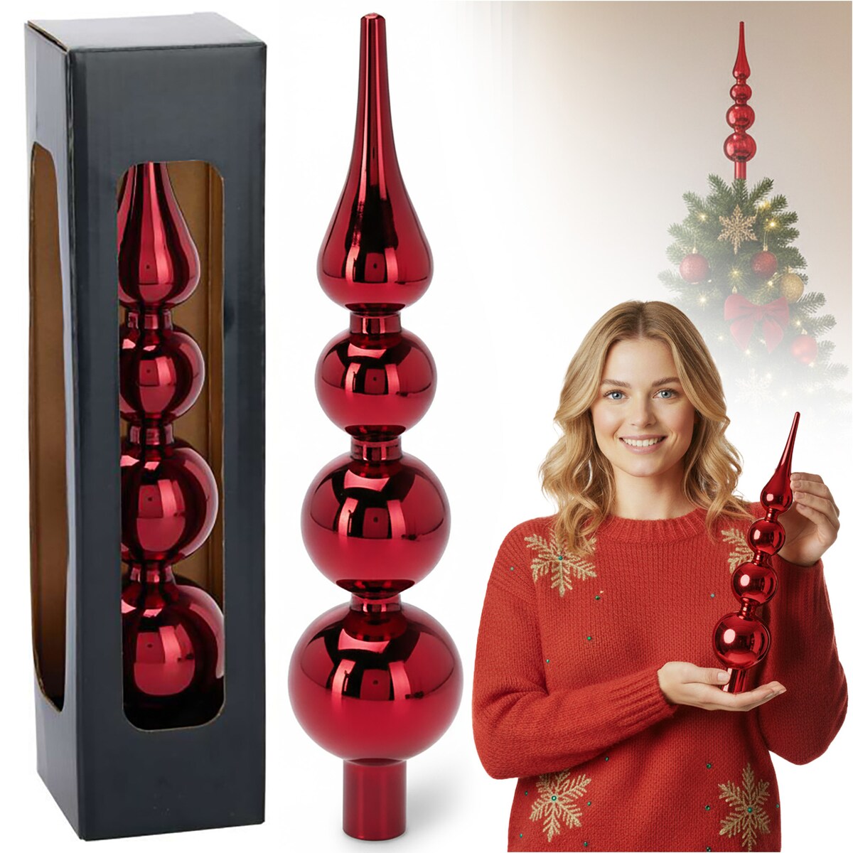 Czubek Na Choinkę Szpic Dekoracja Świąteczna Ozdobna Szklana 28 Cm Czerwona