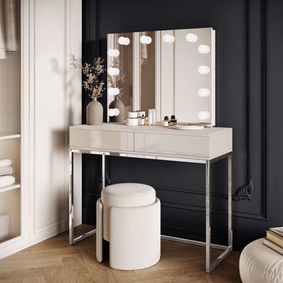 Toaletka kosmetyczna BLANCO KASZMIR ELITE z lustrem i oświetleniem srebrny chrom, push-to-open