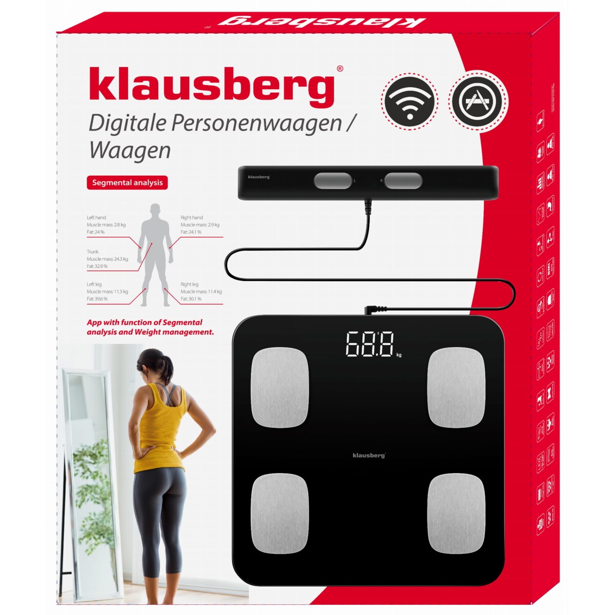 Waga łazienkowa z pomiarem tkanki tłuszczowej i składu ciała, Smart, BT,  KLAUSBERG czarna