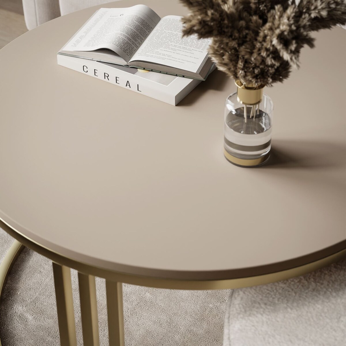 Stolik kawowy z pufą LORI MAT złoto szczotkowane, kaszmir mat / Perfect Harmony 01