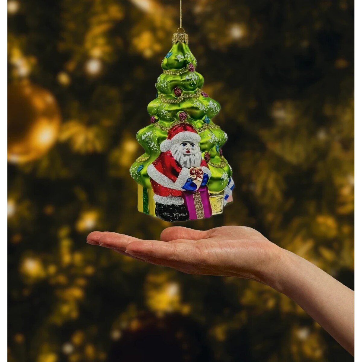 Bombka choinkowa: Choinka z Mikołajem i prezentami