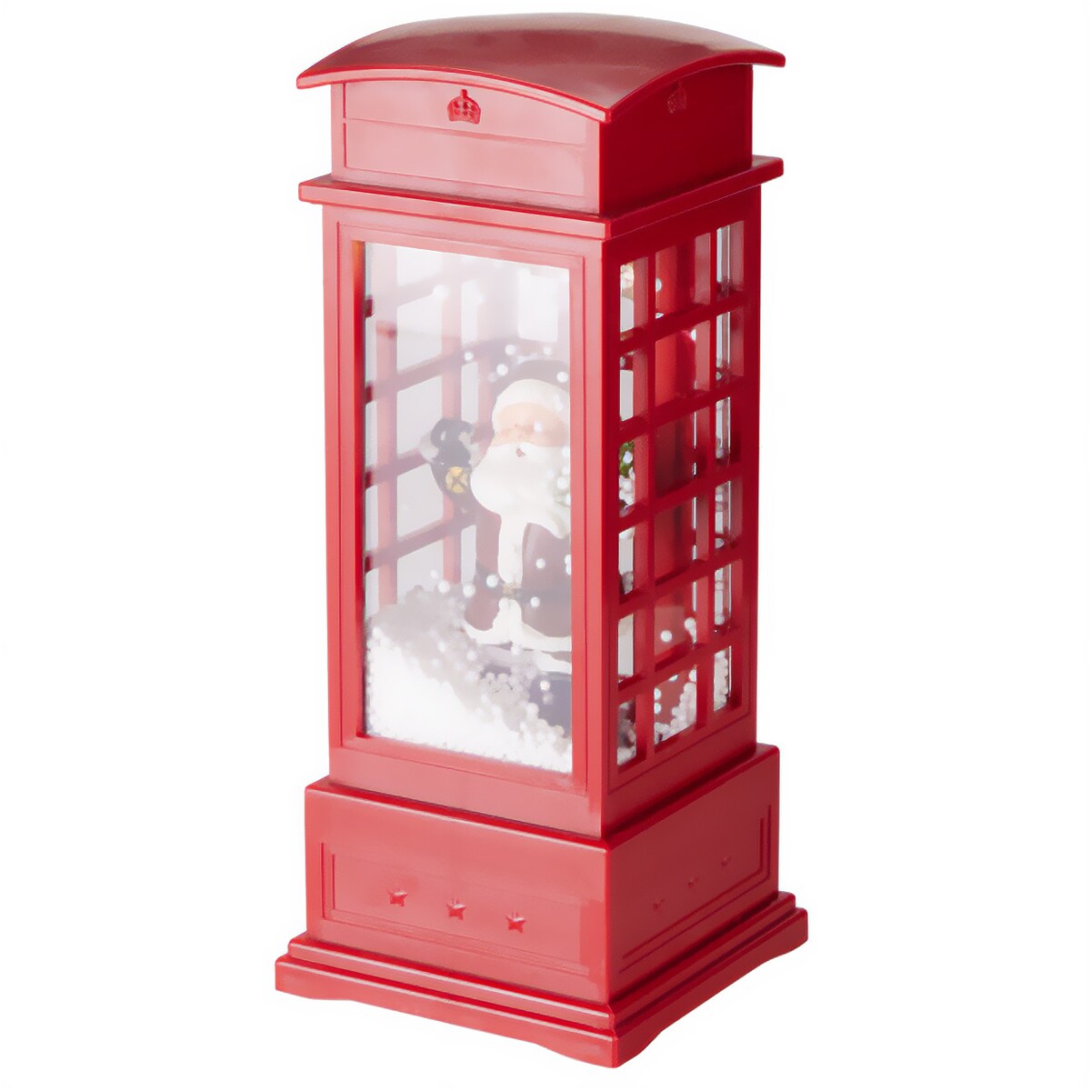 Budka telefoniczna świąteczna z LED, efektem śniegu i melodią, 10,5 x 10,5 x 25 cm