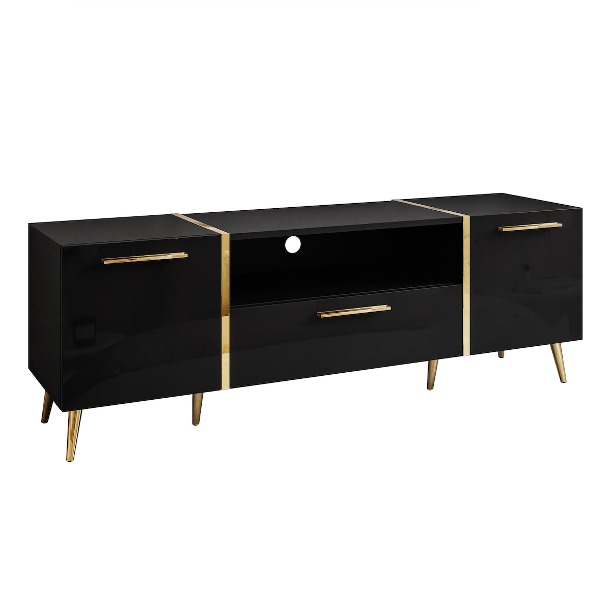 Szafka RTV ONYX na złotych nóżkach wysoki połysk 158 cm, carny połysk, złote uchwyty