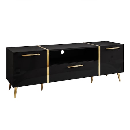 Szafka RTV ONYX na złotych nóżkach wysoki połysk 158 cm, carny połysk, złote uchwyty