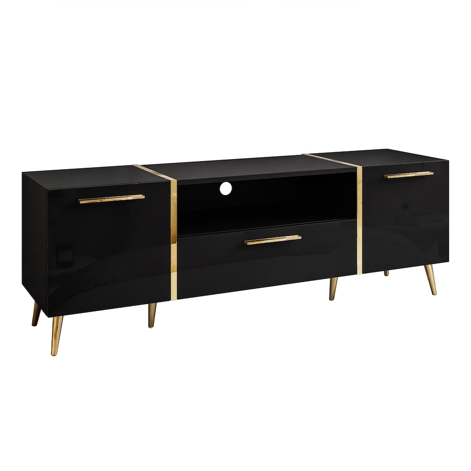 Szafka RTV ONYX na złotych nóżkach wysoki połysk 158 cm, carny połysk, złote uchwyty