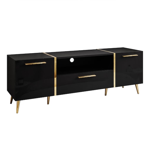 Szafka RTV ONYX na złotych nóżkach wysoki połysk 158 cm, carny połysk, złote uchwyty