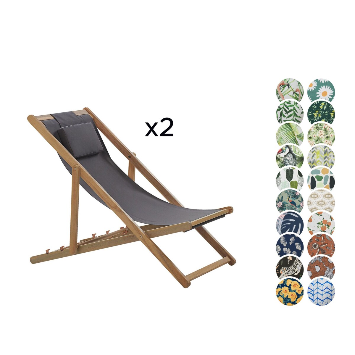 Zestaw 2 leżaków ogrodowych i 2 wymiennych tkanin (różne warianty) jasne drewno AVELLINO