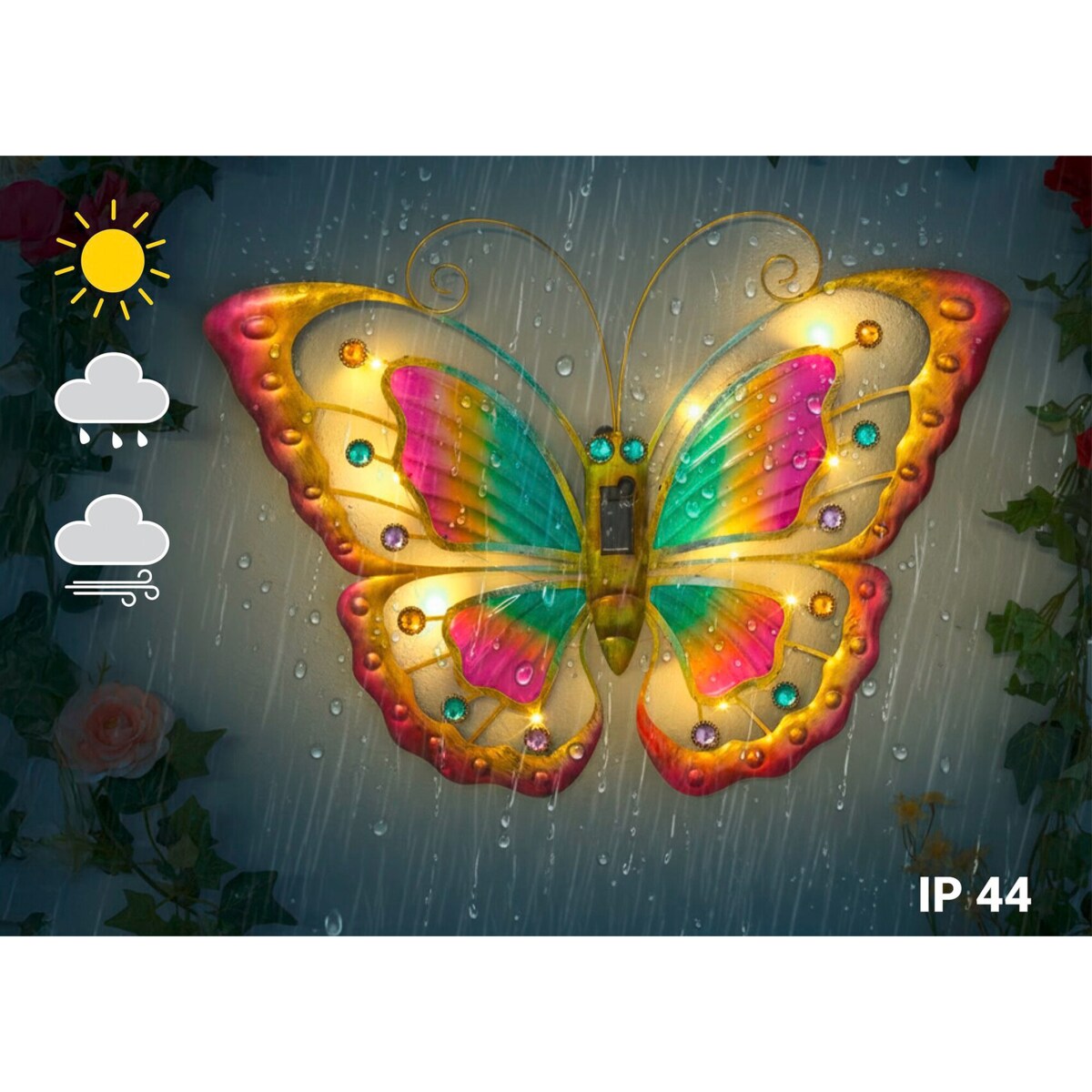 Ozdoba ogrodowa na ścianę, motyl solarny LED, 54 x 40 cm
