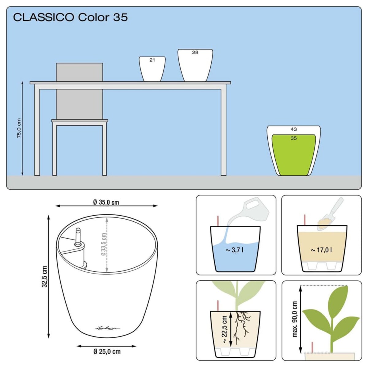 LECHUZA Donica Classico Color 35 ALL-IN-ONE, szara, 13224