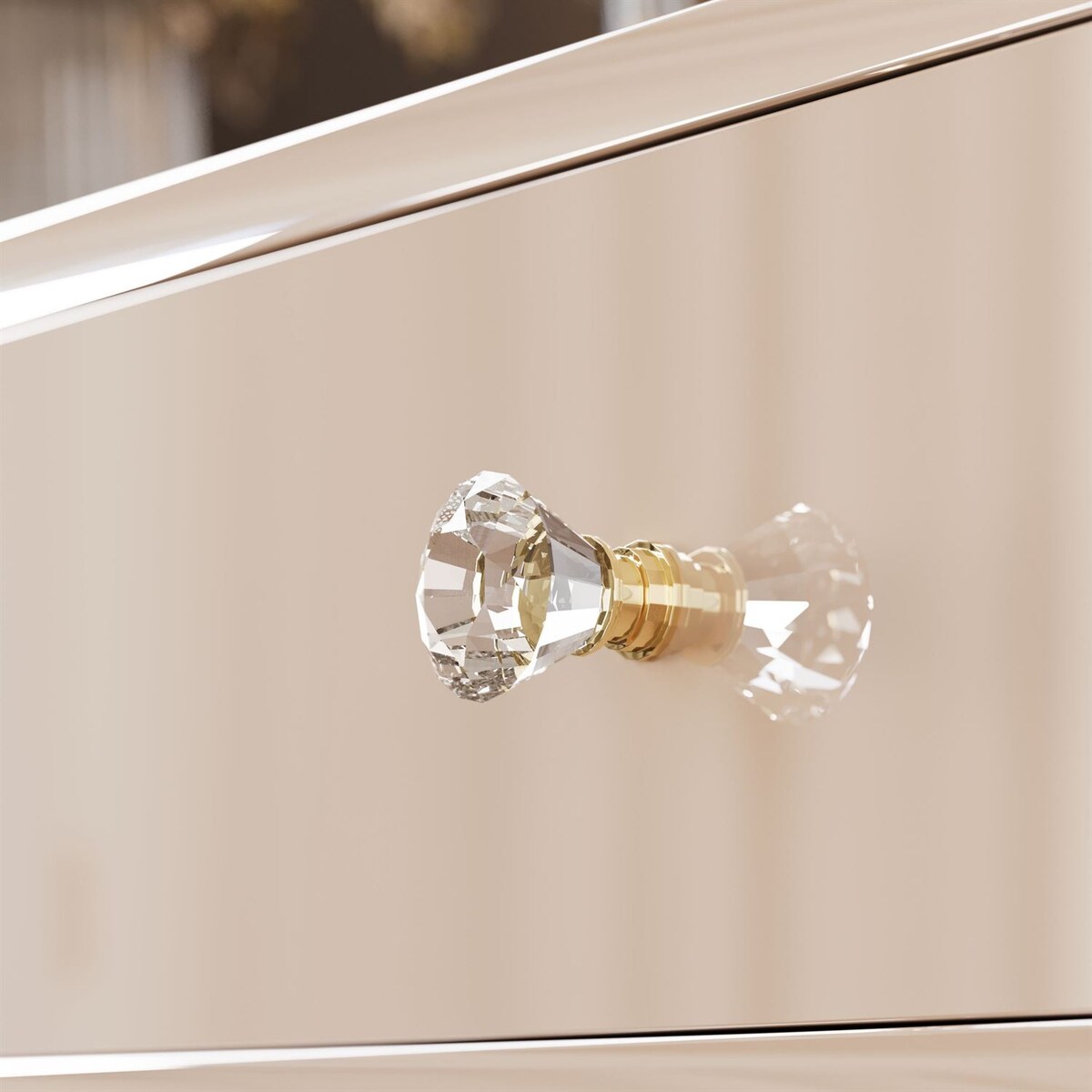 Toaletka BLANCO GLAMOUR KASZMIR na złotym chromowanym stelażu z lustrem LED, uchwyt biały kryształ