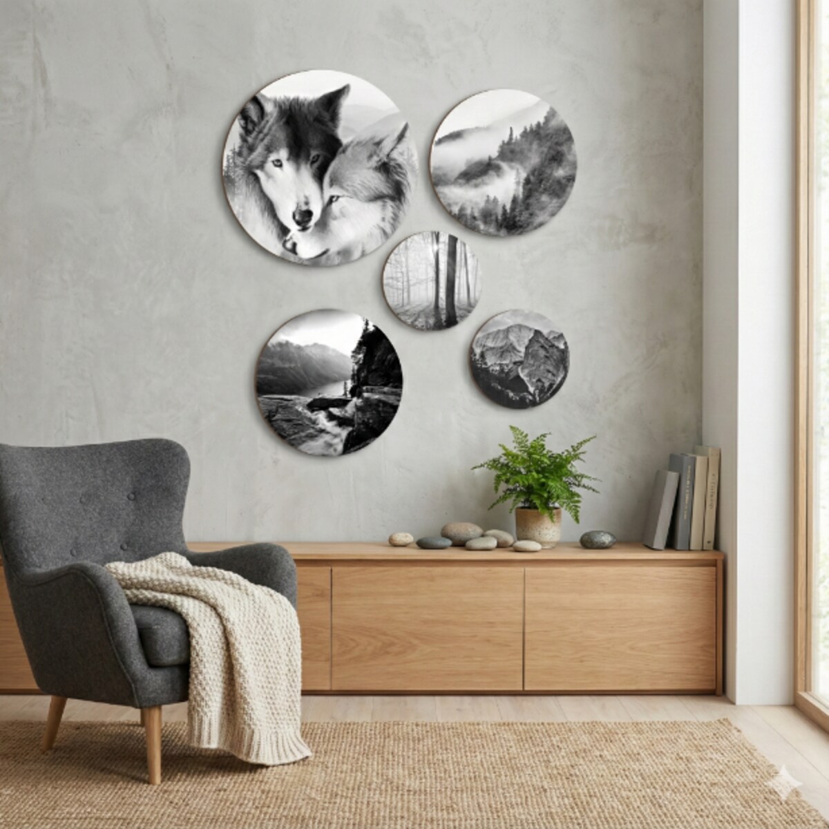 Czarno-białe Obrazy na ścianę Las wilki Okrągłe do sypialni pokoju salonu
