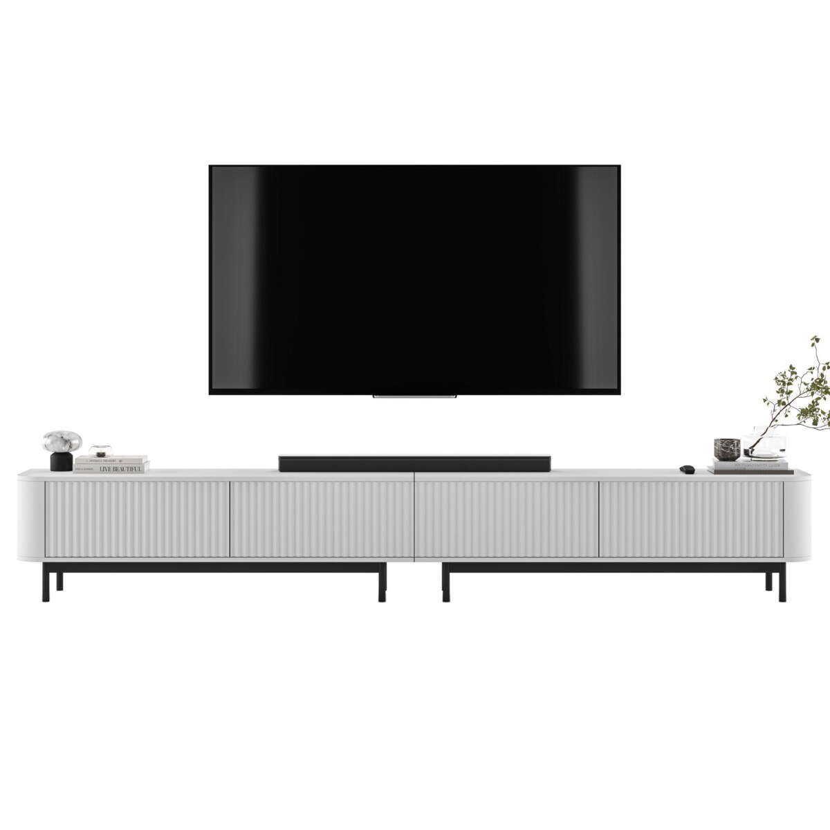 Szafka RTV Komoda RTV 280 cm Glamour Biały Mat Czarny Stelaż