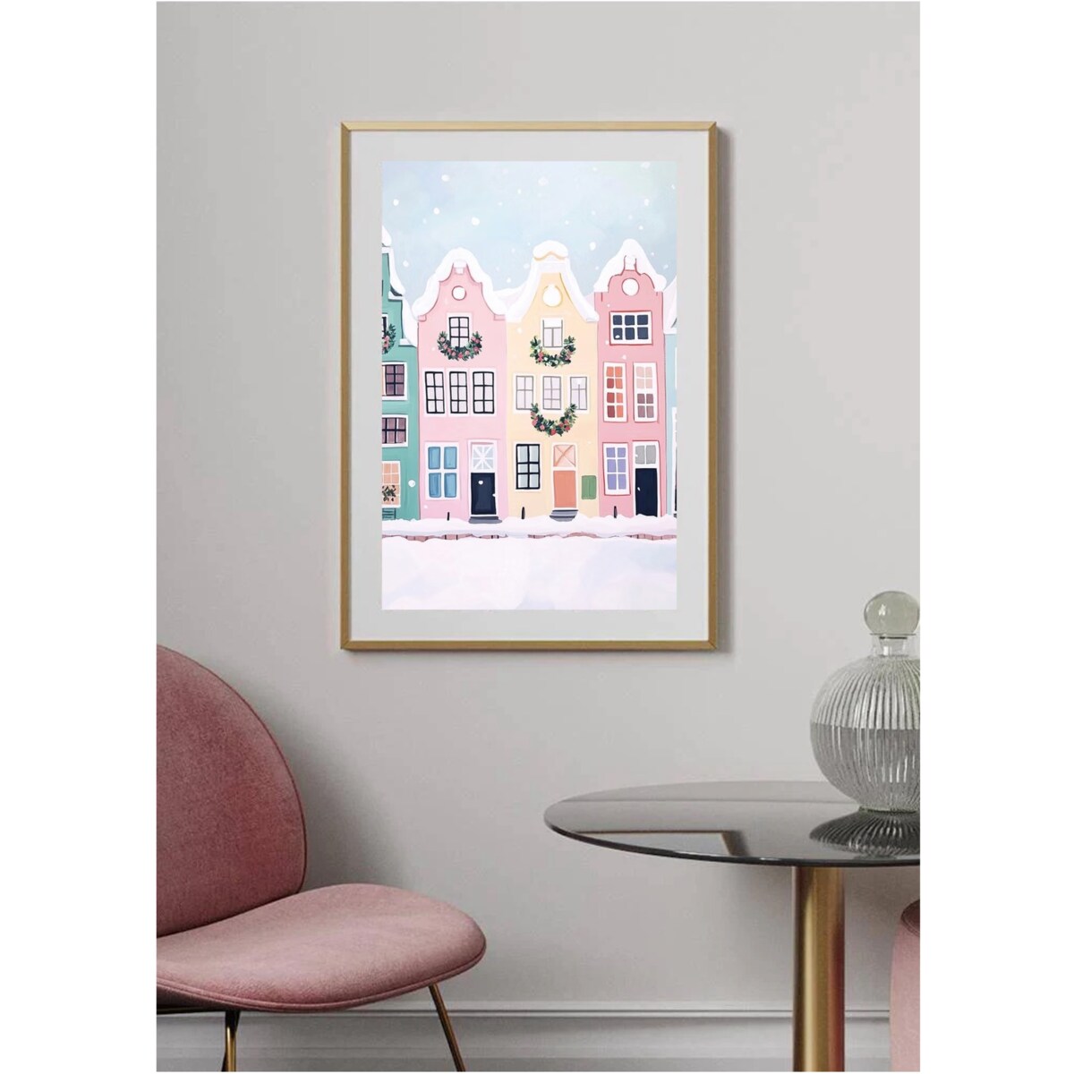 Poster Story, Plakat, Obraz - Pastelowe Domy z Świątecznymi Wieńcami, wymiary 50 x 70 cm