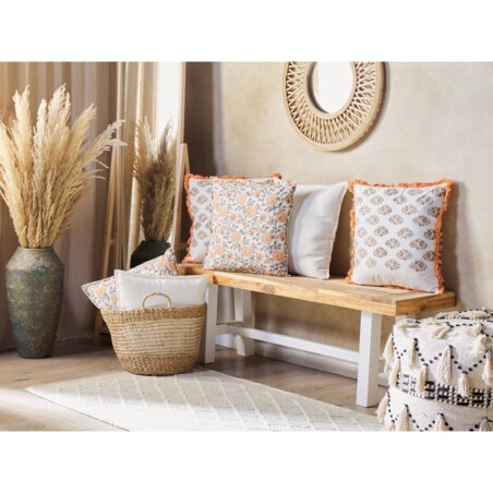 2 bawełniane poduszki dekoracyjne w kwiaty z frędzlami 45 x 45 cm biało-pomarańczowe SATIVUS