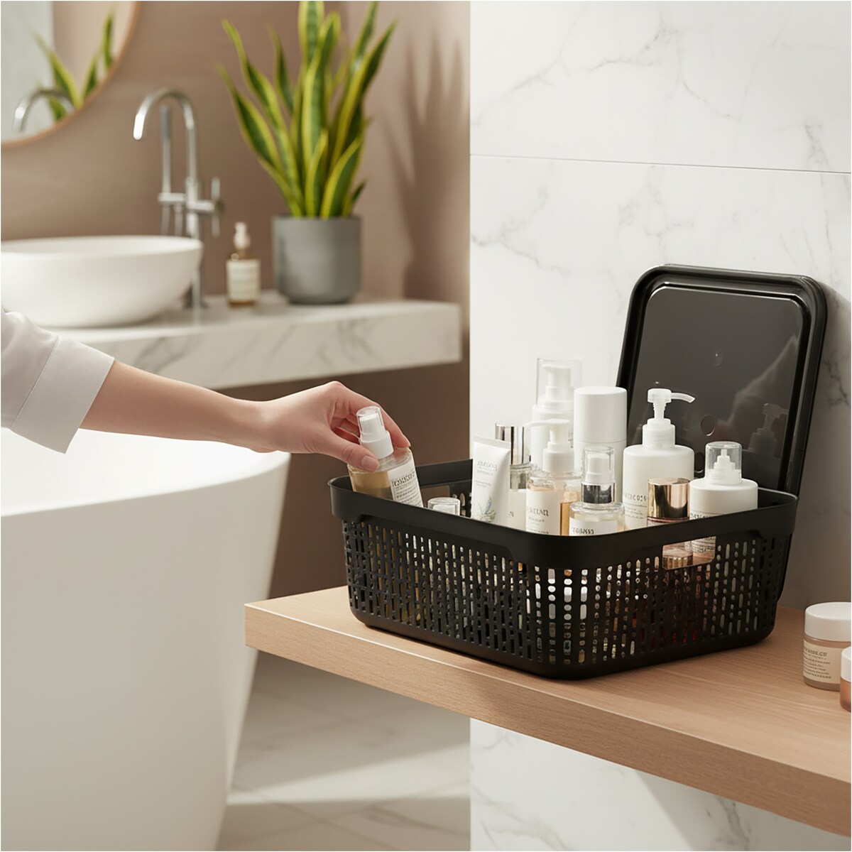 Koszyk Koszyczek Ażurowy XL Plastikowy Na Kosmetyki Do Łazienki Pojemnik Z Pokrywką Zamykany Z Dziurkami Czarny