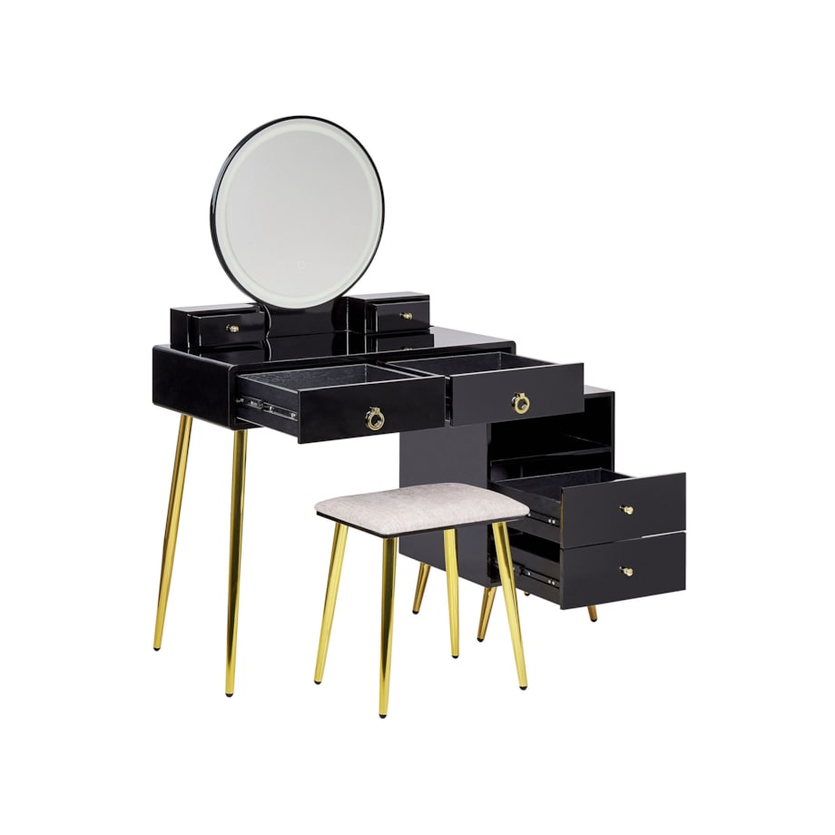 Toaletka 6 szuflad lustro LED ze stołkiem czarno-złota YVES