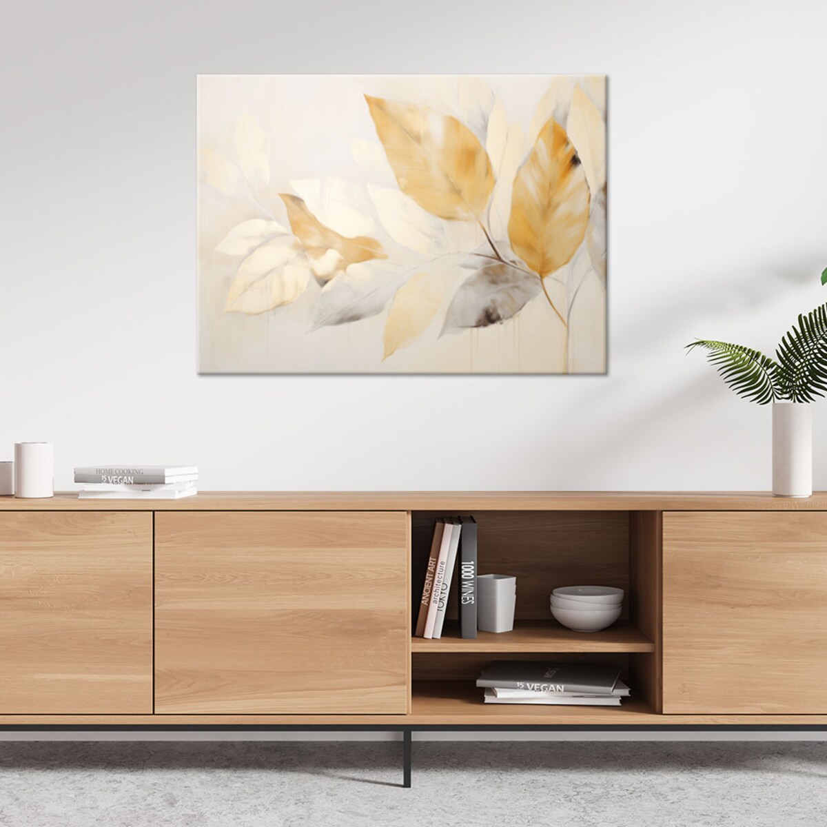 Obraz nowoczesny do salonu sypialni kuchni Gałązki w stylu boho beżowe zółte liście natura 120x80