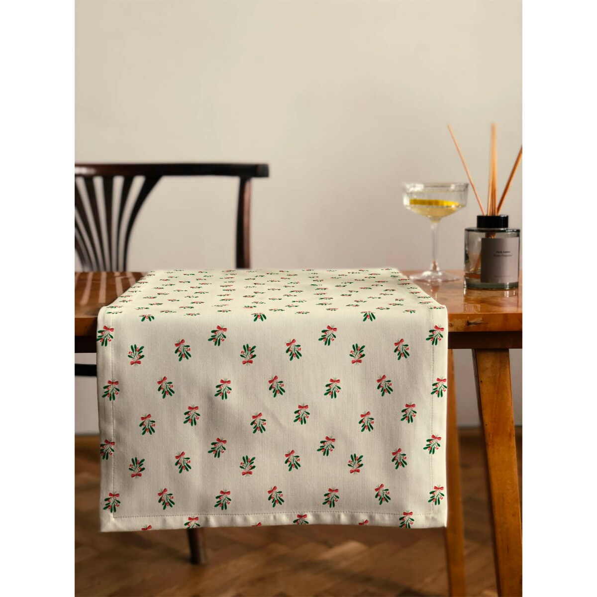 Bieżnik świąteczny - Jemioła i kokardka - 35x130 cm