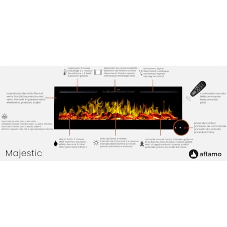 Kominek elektryczny AFLAMO Majestic 26 - ścienny i do zabudowy - 66x42x12 cm - kominek LED z funkcją grzania 750/1500 W