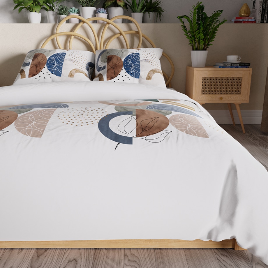 FABIOLA Pościel z bawełny satynowej - geometryczne wzory, beż, granat, brąz - 220x200cm