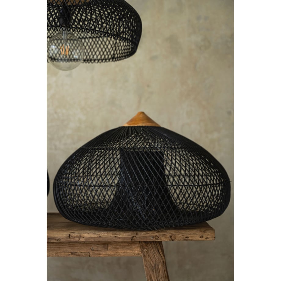 Rattanowa lampa z drewnem teakowym CRATER w rozmiarze XL - czarna